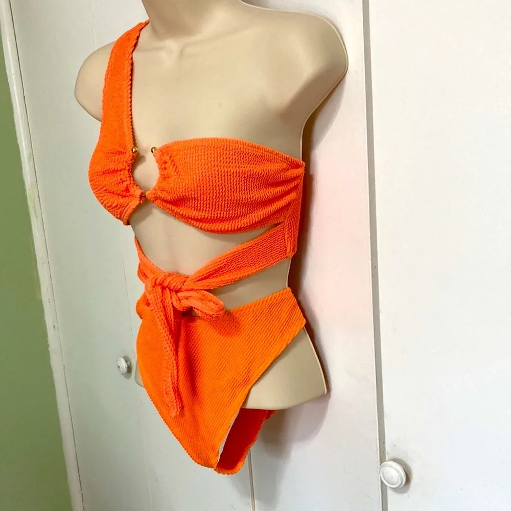 NASTY GAL Crinkle Sexy Cut Ring One Shoulder Bikini Orange Women Size 12
